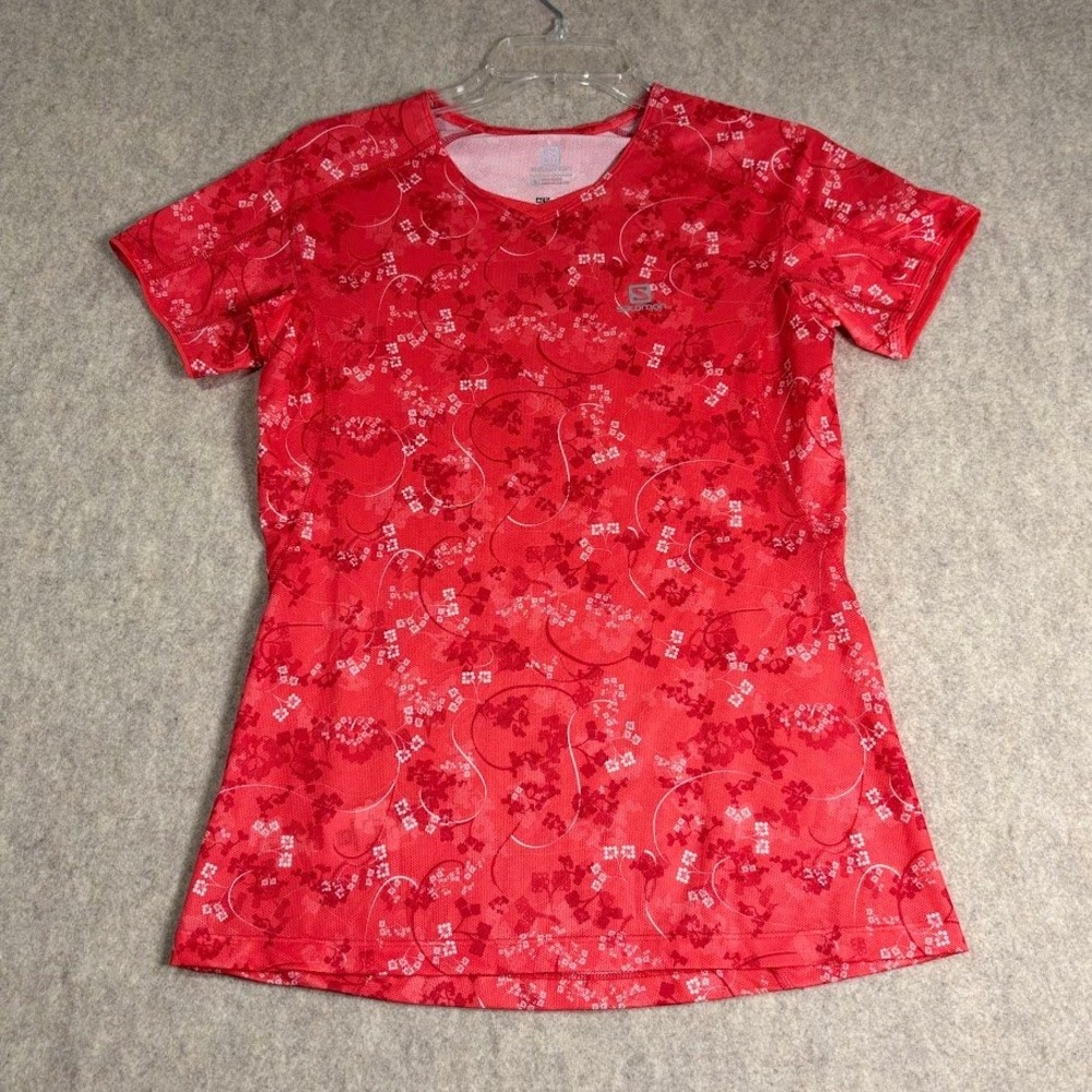 Salomon Shirt Wmn Small Red Polyester Floral Actilite Active Hiking Outdoor Top